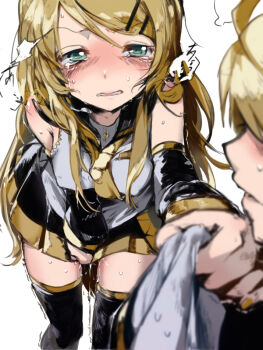 1boy 1girl after_vaginal aftersex aged_up ahoge alternate_hair_length alternate_hairstyle aqua_eyes arm_warmers bikkuuri_ottamageruta black_thighhighs blonde_hair blouse blurry blush bow breasts brother_and_sister clenched_teeth clothed_after_sex clothes_grab convenient_censoring covered_erect_nipples crying crying_with_eyes_open cum cum_in_clothes cum_string cum_through_clothes cumdrip cumdrip_through_panties depth_of_field foreshortening full-face_blush kagamine_rin_(future_style) gold_trim grimace hair_bow hair_ornament hair_ribbon hairclip headphones headset incest kagamine_len kagamine_rin large_breasts long_hair lowres miniskirt moaning neckerchief nose_blush parted_bangs parted_lips photoshop_(medium) project_diva_(series) ribbon sailor_collar sawashi_(ur-sawasi) school_uniform serafuku shirt shirt_grab siblings simple_background skinny skirt sleeveless sleeveless_shirt solo_focus standing sweat swept_bangs tears teeth thighhighs trembling twins very_long_hair vocaloid wavy_mouth white_background white_serafuku white_shirt yellow_neckerchief zettai_ryouiki