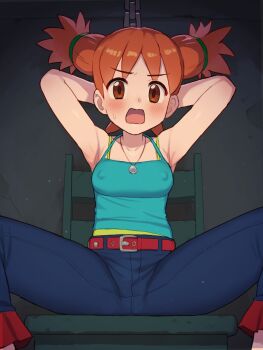 1girl armpits arms_behind_head belt blush breasts brown_eyes chain chiwino commentary commission covered_erect_nipples highres looking_at_viewer natsumi_(saru_getchu) open_mouth pants pixiv_commission saru_getchu solo spread_legs variant_set