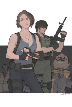 assault_rifle belt black_hair blue_eyes blue_pants blue_shirt brown_hair carlos_oliveira commentary english_commentary gun handgun holding holding_gun holding_weapon jewelry jill_valentine looking_at_viewer necklace pants resident_evil resident_evil_3:_nemesis resident_evil_3_(remake) rifle sardine_(kjr0313) shirt short_hair smile weapon zombie