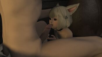 1boy 1girl 3d animal_ears bell collar erection final_fantasy final_fantasy_xiv fingernails flat_chest hair_bell hair_ornament hand_on_another's_head hetero highres jingle_bell khloe_aliapoh lips loli miqo'te nude open_mouth penis short_hair solo_focus tagme