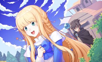 1boy 1girl arched_window artist_request black-framed_eyewear black_cloak black_hair blonde_hair blue_bow blue_eyes blue_gemstone blue_sky blue_sleeves blunt_bangs bow braid brown_shirt building bush character_request cloak cloud cloudy_sky collared_dress cumulonimbus_cloud dress dress_bow dutch_angle eyelashes famitsu flower game_cg gem glasses happy happy_aura high_collar layered_sleeves long_hair long_sidelocks long_sleeves low-braided_long_hair low-tied_long_hair nexon official_art open_mouth orange_flower ribbed_shirt second-party_source semi-rimless_eyewear shirt short_hair short_over_long_sleeves short_sleeves sidelocks sky straight_hair tales_weaver tales_weaver:_second_run teeth tichiel_juspian tongue tree under-rim_eyewear upper_teeth_only white_dress window yellow_flower