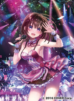 1girl azki_(3rd_costume)_(hololive) azki_(hololive) bare_shoulders blush breasts brown_hair cleavage colored_inner_hair commentary_request company_name contrapposto copyright_notice cowboy_shot crossed_bangs detached_collar dress frilled_wrist_cuffs frills glint hachi404 holding holding_microphone hololive idol_clothes layered_dress looking_at_viewer medium_breasts medium_hair microphone mole mole_under_eye multicolored_hair official_art open_hand open_mouth pink_hair short_dress sleeveless sleeveless_dress smile solo stage stage_lights string_bowtie teeth thighs upper_teeth_only virtual_youtuber wrist_cuffs