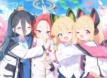4girls :d ;d aqua_halo aris_(blue_archive) black_hair black_hairband black_skirt blonde_hair blue_archive blue_eyes blue_jacket blue_necktie blue_sky blunt_bangs blush bow buttons cat_tail cherry_blossoms chinese_commentary closed_eyes closed_mouth cloud collared_shirt commentary_request eyes_visible_through_hair facing_viewer fake_tail falling_petals flower forehead frilled_jacket frills game_development_department_(blue_archive) green_eyes green_halo hair_between_eyes hair_bow hairband halo happy highres jacket kei_(robot)_(blue_archive) leaning_forward long_bangs long_hair long_hair_between_eyes long_sleeves looking_at_viewer low-tied_sidelocks making-of_available medium_hair midori_(blue_archive) momoi_(blue_archive) mouth_visible_through_hair multicolored_jacket multiple_girls necktie one_eye_closed open_clothes open_jacket open_mouth outdoors outstretched_arm painter-lhb parted_bangs petals pink_bow pink_eyes pink_halo pink_jacket pleated_skirt plum_blossoms power_symbol puffy_long_sleeves puffy_sleeves rectangular_halo red_bow red_hair ring_of_light_(blue_archive) school_uniform shirt siblings sidelocks sisters skirt sky smile suspenders tail tree twins two-sided_fabric two-sided_jacket untucked_shirt upper_body v v-shaped_eyebrows white_jacket white_shirt yellow_halo yellow_jacket yuzu_(blue_archive)