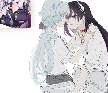 2girls bag black_hair blue_eyes blue_hair blush cerydra_(honkai:_star_rail) collar collared_shirt commentary gradient_hair highres honkai:_star_rail honkai_(series) hysilens_(honkai:_star_rail) long_hair looking_at_another meiyoumingzidesan multicolored_hair multiple_girls parted_lips purple_hair red_collar school_bag school_uniform shirt simple_background symbol-only_commentary white_background white_shirt yuri