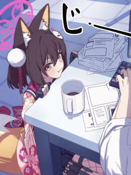 1boy 1girl animal_ear_fluff animal_ears black_gloves black_hair blue_archive commentary_request computer_keyboard fang fang_out fishnets floral_print fox_ears fox_hair_ornament fox_tail fuhao10708 gloves hair_ornament halo highres indoors izuna_(blue_archive) kunai paper paper_stack pink_halo pom_pom_(clothes) pom_pom_hair_ornament sensei_(blue_archive) short_hair skin_fang smile solo_focus sound_effects staring tail weapon yellow_eyes