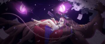 1girl absurdres black_gloves black_hat blue_eyes book bracelet branch breasts chinese_commentary closed_mouth dress floating gloves glowing glowing_eyes hair_between_eyes hat high_heels highres honkai:_star_rail honkai_(series) huge_breasts jade_(honkai:_star_rail) jewelry jjjunzhu knee_up long_hair lying necklace on_back paper pearl_necklace pink_hair pink_lips shade sideboob slit_pupils snake solo sun_hat thighlet thighs tree wavy_hair