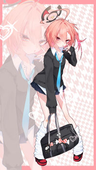 1girl ahoge black_halo black_sweater blue_archive blue_necktie blush collared_shirt gyaru hair_between_eyes halo highres huge_ahoge long_sleeves looking_at_viewer mo2upoyo mole mole_under_each_eye mole_under_eye multiple_moles necktie neru_(blue_archive) pink_hair shirt short_hair skirt solo sweater white_shirt