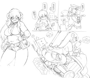 1girl ass axe belt_buckle belt_pouch bikini bikini_top_only blush boned_meat bow breasts buckle butt_crack closed_mouth commentary_request cowboy_shot demon demon_horns deviruchi food frown greyscale hair_bow holding holding_axe horns large_breasts long_hair meat midriff mil_(xration) monochrome multiple_views navel open_mouth plump pouch pullcart ragnarok_online short_shorts shorts simple_background smile star_(symbol) swimsuit translation_request weight_conscious whitesmith_(ragnarok_online)