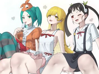 Rule 34 | 3girls, absurdres, aqua eyes, backless dress, backless outfit, bare legs, black hair, black skirt, blonde hair, blush, bow, collared shirt, commission, dress, fang, feet out of frame, flat chest, food, frilled dress, frills, green bow, green eyes, green pantyhose, hachikuji mayoi, hairband, heart, highres, knees together feet apart, knees up, licking, looking at viewer, mirimu0, monogatari (series), multiple girls, one eye closed, ononoki yotsugi, open mouth, orange dress, oshino shinobu, pantyhose, popsicle, puffy short sleeves, puffy sleeves, red bow, red eyes, shirt, short dress, short hair, short sleeves, simple background, sitting, skin fang, skirt, star (symbol), striped clothes, striped pantyhose, suspender skirt, suspenders, tongue, tongue out, twintails, two side up, watermark, white dress, white hairband, white shirt, yellow eyes