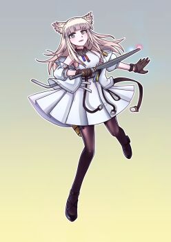 Rule 34 | 1girl, absurdres, arknights, arknights: endfield, bare shoulders, black gloves, black pantyhose, black shoes, blonde hair, blue eyes, blunt bangs, commentary, dress, english commentary, full body, gloves, gradient background, grey background, highres, holding, jacket, long hair, looking at viewer, mixed-language commentary, off shoulder, open mouth, outline, pantyhose, perlica (arknights), pleated dress, shoes, sleeveless, sleeveless dress, smile, solo, white dress, white jacket, white outline, yellow background, yellow pupils, zeew