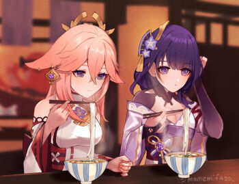 2girls animal_ears artist_name bare_shoulders blue_pupils blunt_bangs blurry blurry_background blush bowl braid breasts bridal_gauntlets chopsticks cleavage closed_mouth commentary_request couple detached_sleeves fan_hair_ornament flower flower_ornament food fox_ears fox_girl bad_tag genshin_impact hair_between_eyes hair_ornament headpiece holding holding_chopsticks indoors japanese_clothes jewelry kimono large_breasts light_smile long_hair long_sleeves looking_at_breasts looking_down mano_(m1n0f2e1) mole mole_under_eye multicolored_eyes multicolored_hair multiple_girls noodles parted_lips pendant pink_hair purple_eyes purple_flower purple_hair purple_kimono raiden_shogun red_sash sash sitting steaming_food twitter_username upper_body wavy_hair wide_sleeves yae_miko yuri