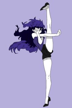 1girl black_shoes colored_skin flexible highres pale_skin purple_background shoes short_shorts shorts simple_background split standing standing_on_one_leg standing_split tagme white_skin