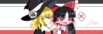 2girls ascot black_hair black_hat black_vest blonde_hair blush bow chibi chibi_only closed_mouth commentary_request detached_sleeves embarrassed frilled_bow frilled_hair_tubes frills hair_bow hair_tubes hakurei_reimu hat highres kirisame_marisa long_hair long_sleeves mito_(fate) multiple_girls open_mouth red_bow red_eyes ribbon-trimmed_sleeves ribbon_trim signature spoken_squiggle spoken_x squiggle sweatdrop touhou twitter_username vest yellow_ascot yuri