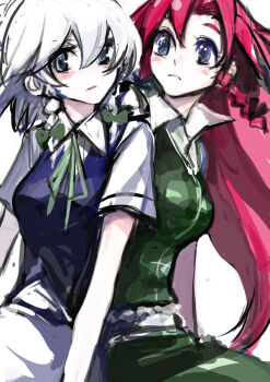 Rule 34 | 2girls, blue eyes, bow, female focus, hair bow, hair ribbon, hong meiling, izayoi sakuya, maid, multiple girls, red hair, ribbon, short hair, sketch, embodiment of scarlet devil, tima, touhou, white hair