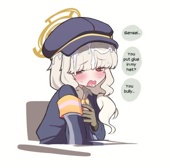1girl aoba_(blue_archive) armband black_hat black_jacket blue_archive blush bow bowtie brown_gloves brown_hair cum cum_in_mouth cum_on_hair cum_on_tongue english_text gloves halo hat highres jacket loli long_hair looking_at_viewer open_mouth orange_halo red_eyes simple_background solo speech_bubble sunggou tongue tongue_out white_background yellow_armband yellow_bow yellow_bowtie