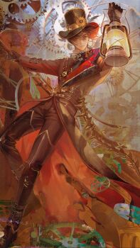 Rule 34 | 1boy, absurdres, analog clock, ayn alwyn, ayn alwyn (mist city), belt, belt buckle, black belt, black coat, black gloves, black hair, black hat, black pants, black shoes, buckle, burnt clothes, chinese commentary, claw ring, clock, clock hands, closed mouth, coat, colored lapels, day, earrings, expressionless, full body, gaiters, gear hat ornament, gears, gloves, hair between eyes, hand on railing, hand up, hat, hat ornament, high collar, highres, holding, holding lantern, infinity symbol, jewelry, kerosene lamp, lantern, lapels, leaning back, leg belt, long sleeves, looking at viewer, looking to the side, lovebrush chronicles, male focus, notched lapels, pants, red coat, red eyes, sbgpand, shoes, short hair, solo, standing, standing on one leg, steampunk, stud earrings, top hat, torn clothes, torn coat, two-sided coat, two-sided fabric, two-sided headwear