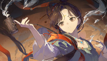 1girl absurdres blue_eyes brown_background brown_hair chinese_clothes chinese_commentary commentary_request dipper facial_mark forehead_mark green_shirt hair_bun hands_up hanfu highres holding holding_spoon huadian jewelry jiu_niangzi long_hair looking_to_the_side necklace red_shawl reverse:1999 shawl shirt solo spilling spoon upper_body youzhiyuan