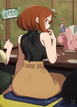 3girls absurdres asui_tsuyu black_pants black_shirt blood boku_no_hero_academia brown_eyes brown_hair brown_pants cellphone derivative_work hagakure_toru highres holding holding_phone indoors invisible jacket looking_at_viewer looking_back medium_hair multiple_girls nosebleed pants phone pink_jacket ryzz_ryzz shirt shirt_tucked_in sitting smartphone table uraraka_ochako white_shirt