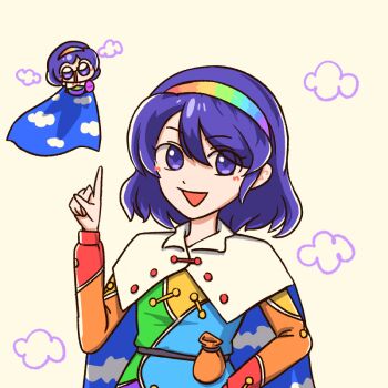 1girl :d bag blue_hair cape commentary hairband index_finger_raised long_sleeves multicolored_hairband numenoko open_mouth short_hair simple_background smile tan_tan_pou tenkyuu_chimata touhou upper_body white_cape yellow_background