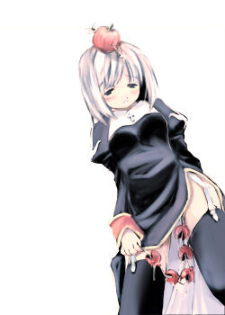 1girl apple_on_head arrow_through_apple bad_id black_dress black_eyes black_thighhighs blush breasts cowboy_shot cross dress ganges_gawa garter_straps juliet_sleeves long_sleeves medium_breasts no_panties object_insertion open_mouth priest_(ragnarok_online) puffy_sleeves pussy_juice ragnarok_online short_hair side_slit simple_background solo thighhighs vaginal vaginal_object_insertion white_background white_hair