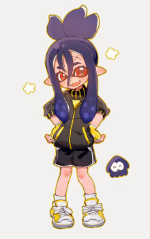 Rule 34 | 1girl, absurdres, alternate species, black shorts, commentary request, dendra (pokemon), fangs, fingerless gloves, full body, gloves, highres, inkling, kui kui jiang, nintendo, open mouth, pointy ears, pokemon, pokemon sv, ponytail, red eyes, shoes, shorts, sidelocks, skin fangs, sneakers, splatoon (series), splatoonification, yellow gloves