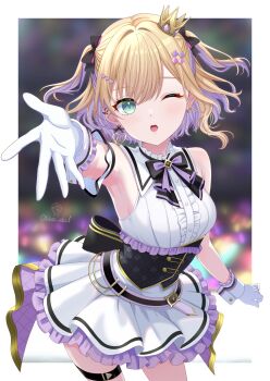 Rule 34 | 1girl, :o, absurdres, armpits, back bow, bare shoulders, black bow, black bowtie, blonde hair, blurry, blurry background, blush, border, bow, bowtie, breasts, center frills, colored inner hair, commentary request, cowboy shot, crown, dress, frilled dress, frilled gloves, frills, gloves, green eyes, hair intakes, highres, kurumi noah, large breasts, looking at viewer, multicolored hair, open mouth, outside border, outstretched arm, purple hair, short dress, sleeveless, sleeveless dress, solo, toketa-sekai, twitter username, two-tone hair, two side up, virtual youtuber, vspo!, white border, white gloves