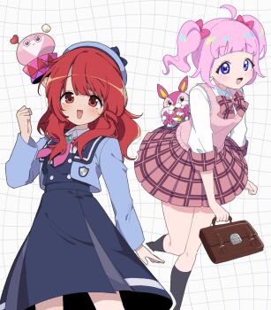 1girl :d ahoge aimu_(himari) aozora_himari arm_at_side bag black_socks blue_dress blue_hat blush bow brooch brown_bag cardigan clenched_hand cosplay costume_switch cowboy_shot creature dot_nose dress gem green_gemstone grid_background hair_bow hand_up harune_aira hat highres himitsu_no_aipri holding holding_bag in-franchise_crossover jewelry legs_apart long_hair long_sleeves looking_at_viewer medium_hair medium_skirt open_mouth paradise_private_academy_school_uniform pink_bow pink_cardigan pink_hair pink_skirt plaid_bow plaid_clothes plaid_skirt pretty_rhythm pretty_rhythm_aurora_dream pretty_series prism_school_school_uniform purple_eyes rabichi raised_eyebrows red_eyes red_hair school_uniform shirt skirt sleeveless sleeveless_shirt smile socks solo standing standing_on_one_leg star_(symbol) star_in_eye straight_hair symbol_in_eye tareme white_background white_shirt yunomikuchi