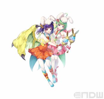 Rule 34 | 2girls, absurdres, alternate costume, animal ears, animal hat, ankle lace-up, blue footwear, blue legwear, blunt bangs, bow, bow legwear, braid, capelet, carrot necklace, coattails, collarbone, cross-laced clothes, cross-laced legwear, dragon girl, dragon wings, dragonstone, dress, fake animal ears, fighting stance, fire emblem, fire emblem: the sacred stones, fire emblem awakening, fire emblem heroes, flat chest, floral print, flower, gloves, green hair, green wings, hair flower, hair ornament, hair tie, hat, high-waist skirt, high heels, highres, holding, holding wand, jewelry, lapels, long hair, magical girl, miniskirt, miwabe sakura, multi-tied hair, multicolored legwear, multiple girls, myrrh (fire emblem), nah (fire emblem), necklace, nintendo, official alternate costume, official art, orange bow, orange dress, pale skin, pantyhose, pink scarf, pink skirt, pointy ears, polka dot, purple eyes, purple hair, rabbit ears, rabbit hat, red eyes, ribbon, scarf, see-through clothes, short dress, skirt, sleeveless, sunflower, tailcoat, twin braids, twintails, vest, wand, white gloves, white pantyhose, wings, yellow vest, yellow wings