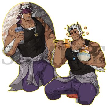 1boy animal_ears arm_tattoo bara beard_stubble black_hair black_tank_top blush bowl bulge chest_hair_peek chest_tuft commentary_request covered_abs cow_boy cow_ears cow_horns dark-skinned_male dark_skin eating facial_hair grin happy_aura headband holding holding_bowl horns large_pectorals looking_at_viewer male_focus multicolored_hair multiple_views muscular muscular_male norn's_dine pectoral_cleavage pectorals scar scar_on_face shido_(norn's_dine) short_hair smile standing streaked_hair stubble tank_top tattoo thick_eyebrows two-tone_hair white_hair zhuganchangjiadan