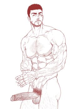 1boy abs bara beard chest_hair collarbone commentary connected_beard erection facial_hair futari_solo_camp highres kinokura_gen large_pectorals large_penis leg_hair looking_at_viewer louwin male_focus male_pubic_hair muscular muscular_arms muscular_male nipples nude own_hands_together pectorals penis pubic_hair scar scar_on_face short_hair solo testicles variant_set veins veiny_arms veiny_penis