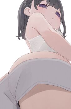1girl ass black_hair braid camisole closed_mouth commentary from_below highres hiroki_(yyqw7151) looking_at_viewer original purple_eyes short_hair short_shorts shorts simple_background solo white_background white_camisole white_shorts
