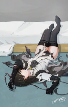 1girl arknights artist_name ascot black_ascot black_eyes black_hair black_halo black_panties black_thighhighs black_wings commentary dated english_commentary halo highres hime_cut insect_wings jacket laplace_arts long_hair looking_at_viewer looking_up lying navel on_back on_floor panties smile solo thighhighs underwear virtuosa_(arknights) white_jacket wings