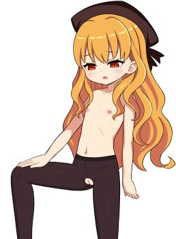 1girl ami_(ammy33) black_hat black_pantyhose blush cleft_of_venus crotchless crotchless_pantyhose etrian_odyssey female_focus flat_chest hand_on_own_thigh hat loli long_hair navel nipples open_mouth orange_eyes orange_hair pantyhose pussy sekaiju_no_meikyuu sekaiju_no_meikyuu_3 solo standing sweatdrop topless_female uncensored white_background zodiac_(sekaiju) zodiac_4_(sekaiju)