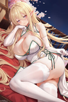 Rule 34 | 1girl, absurdres, ahoge, alternate costume, artist name, azur lane, bare shoulders, blonde hair, breasts, cherry blossoms, china dress, chinese clothes, chinese commentary, chinese new year, cleavage, closed mouth, clothes lift, commentary request, criss-cross strings, cushion, dress, dutch angle, elbow gloves, elbow rest, falling petals, garter belt, gloves, gold, gouden leeuw (azur lane), green trim, hair between eyes, hair flowing over, hair spread out, hand on own face, highres, huge ahoge, large breasts, legs, long hair, looking at viewer, lying, mole, mole under eye, night, on cushion, on side, pelvic curtain, pelvic curtain lift, petals, pink lips, pink petals, pointy ears, purple eyes, railing, side-tie dress, sideboob, sidelocks, single hair intake, smile, solo, thighhighs, thighs, very long hair, white dress, white gloves, white thighhighs, wooden railing, xnnagu