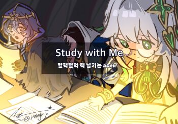 Rule 34 | 1boy, 2girls, armlet, bags under eyes, bespectacled, black bodysuit, blue cape, blue hood, blue kimono, bodysuit, book, bracelet, bright pupils, cape, circlet, claw ring, claws, closed mouth, commentary request, cover, cross-shaped pupils, detached sleeves, dress, drill hair, drill sidelocks, english text, facing down, gem, genshin impact, glasses, gold, gold circlet, gold trim, green eyes, green gem, green hair, green sleeves, grey background, grey hair, hair between eyes, hair ornament, head down, head rest, heart, heart hair ornament, highres, holding, holding paper, hood, hood up, indoors, innagaja, japanese clothes, jewelry, juban, kimono, korean commentary, korean text, layla (genshin impact), leaf, leaf hair ornament, looking at object, mixed-language text, multiple girls, nahida (genshin impact), open book, open hands, open mouth, paper, pointy ears, reading, scaramouche (genshin impact), side cape, sidelocks, signature, sitting, slit pupils, symbol-shaped pupils, tearing up, triangle mouth, turtleneck, turtleneck bodysuit, twitter username, wanderer (genshin impact), white dress, white hair, white kimono, white pupils, yellow eyes