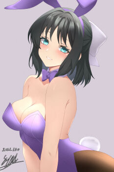 1girl absurdres animal_ear_hairband animal_ears bare_shoulders black_hair blush bow bowtie breasts brown_pantyhose commentary_request dated fake_animal_ears green_eyes grey_background hair_ornament hairband highres kohinata_miku leotard looking_at_viewer medium_breasts oilen0731 pantyhose playboy_bunny purple_leotard rabbit_ear_hairband rabbit_ears senki_zesshou_symphogear short_hair signature smile solo strapless strapless_leotard tail