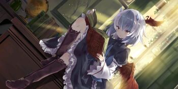 1girl bird_wings black_skirt blue_hair blue_shirt blush book boots brown_boots commentary curtains english_commentary frilled_skirt frills game_cg globe hanging_scroll head_wings highres holding holding_book indoors knee_boots long_sleeves medium_hair multicolored_hair official_art open_book reading red_wings scroll shirt single_head_wing sitting sitting_on_table skirt solo third-party_source tokiko_(touhou) touhou touhou_lostword two-tone_hair usatsuka_eiji white_hair wide_sleeves window wings