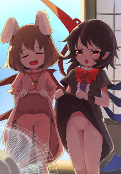 2girls :o animal_ears black_dress black_hair blush bow brown_hair carrot_necklace cleft_of_venus closed_eyes commission dress electric_fan female_focus fusuma highres houjuu_nue inaba_tewi jewelry jpeg_artifacts legs lifting_own_clothes loli multiple_girls necklace no_panties open_mouth pink_dress pointy_ears pussy rabbit_ears red_bow red_eyes short_hair skeb_commission sliding_doors standing tatuhiro touhou uncensored