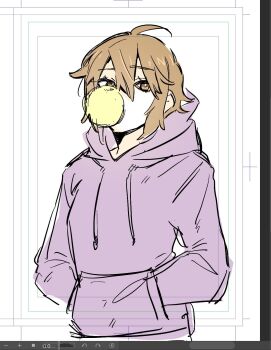 1girl art_program_in_frame blowing_bubble_gum brown_hair chewing_gum commentary_request drawstring highres hood hoodie k-on! looking_at_viewer purple_hoodie solo suzuo_(zuo) tainaka_ritsu