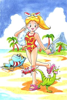 1girl animal beach blue_sky bow chair claws cloud comic_bombom commentary_request compsognathus crab day dinosaur dinosaur_print diving_mask diving_mask_removed flying_sweatdrops footwear_bow goggles green_eyes hand_up highres holding holding_mask holding_swim_ring innertube kyouko_(comic_bombom) lightning_bolt_symbol looking_at_animal lounge_chair lying mask mizutani_kenta mountain official_art on_back one-piece_swimsuit open_mouth outdoors pain palm_tree pink_bow ponytail print_swimsuit red_eyes red_one-piece_swimsuit sandals single_tear sky smile snorkel sunglasses swim_ring swimsuit tail tail_grab traditional_media tree watch wristwatch