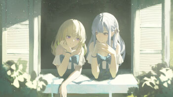 2girls airool alternate_hair_length alternate_hairstyle arm_rest bang_dream! bang_dream!_it&#039;s_mygo!!!!! bare_shoulders black_ribbon blonde_hair blue_bow blue_bowtie blue_hair bow bowtie bracelet brown_eyes chinese_commentary closed_mouth collarbone commentary_request day elbow_rest eyeshadow eyeshadow_under_eye frilled_shirt frills from_outside hand_on_own_chin head_rest highres interlocked_fingers jewelry leaning_out_of_window long_hair long_ribbon looking_at_another makeup misumi_uika multiple_girls off-shoulder_shirt off_shoulder open_window open_window_shutter own_hands_together purple_eyes ribbon ribbon_hair shadow shirt short_sleeves side-by-side sidelighting smile sunlight togawa_sakiko white_shirt window windowsill