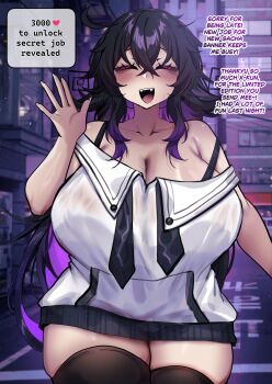Rule 34 | 1girl, :d, ahoge, black thighhighs, blush, breasts, closed eyes, cowboy shot, crawling dreams, crossed bangs, curvy, english text, facing viewer, fangs, hair between eyes, hand up, highres, huge breasts, jacket, long hair, nyarla (osiimi), open mouth, osiimi, outdoors, purple hair, smile, solo, strap slip, sweat, talking, thick thighs, thighhighs, thighs, waving, white jacket