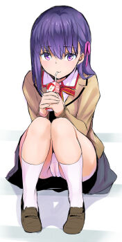 1girl apple_juice blazer brown_jacket brown_shoes cameltoe commentary_request drink drinking fate_(series) full_body grey_skirt hair_ribbon highres holding holding_drink homurabara_academy_school_uniform jacket juice loafers long_hair looking_at_viewer matou_sakura neck_ribbon panties pink_ribbon purple_eyes purple_hair red_ribbon ribbon school_uniform shoes sitting skirt socks solo tsukamori_shuuji underwear white_panties white_socks