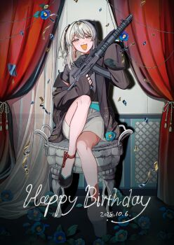 1girl absurdres belt black_bow black_jacket black_shirt black_shoes blue_belt blue_flower blush bow commentary_request earrings fangs flower full_body green_eyes grey_hair grey_shorts gun hair_bow happy_birthday highres holding holding_gun holding_weapon indie_virtual_youtuber indoors jacket jewelry katai_keno looking_at_viewer nekomugi_tororo off_shoulder open_clothes open_jacket open_mouth shirt shoes shorts sitting solo two_side_up virtual_youtuber weapon