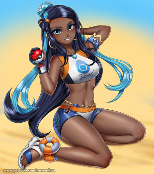 Rule 34 | 1girl, :d, arm behind head, armlet, armpits, bare arms, bare legs, bare shoulders, belly chain, belt, black hair, blue background, blue eyes, blue eyeshadow, blue gem, blue gloves, blue hair, blue shorts, breasts, commentary, dark-skinned female, dark skin, ear piercing, earrings, eyeshadow, forehead, full body, gem, gloves, gold armlet, gold earrings, gradient background, grin, hair bun, half gloves, half updo, hand up, holding, holding poke ball, hoop earrings, jewelry, lips, long hair, looking at viewer, makeup, midriff, multicolored hair, navel, nessa (pokemon), nintendo, open mouth, orange belt, partially fingerless gloves, patreon username, piercing, platform sandals, poke ball, pokemon, pokemon swsh, racoon-kun, sandals, shirt, shorts, sidelocks, simple background, single glove, single hair bun, sitting, sleeveless, sleeveless shirt, small breasts, smile, solo, streaked hair, toenails, toes, two-tone background, two-tone hair, very dark skin, very long hair, watermark, web address, white sandals, white shirt, white shorts, wristband, yellow background, yokozuwari