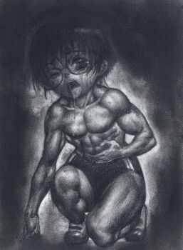 androgynous apyoapyo flat_chest gender_request glasses loli makki_(apyoapyo) monochrome muscular saliva short_hair source_request tears