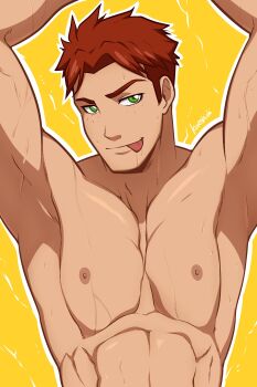 1boy absurdres armpits arms_up artist_name brown_hair dc_comics green_eyes highres kid_flash kuroshinki looking_at_viewer male_focus muscular muscular_male nipples pectorals red_hair seductive_smile short_hair sideburns simple_background smile solo sweat toned toned_male tongue tongue_out upper_body veins veiny_arms wally_west young_justice