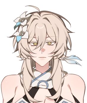 1girl bare_shoulders blonde_hair breasts cleavage closed_mouth commentary dress empty_eyes english_commentary feather_hair_ornament feathers flower genshin_impact hair_between_eyes hair_flower hair_ornament half-closed_eyes highres lips looking_at_viewer lumine_(genshin_impact) majunjuu medium_breasts orange_eyes short_hair sidelocks simple_background sleeveless sleeveless_dress solo upper_body white_background white_dress white_flower yellow_pupils