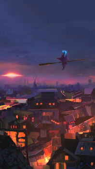 1girl absurdres blue_hair botan_(yu_yu_hakusho) building city_lights clothesline dkaism from_behind glowing high_ponytail highres japanese_clothes kimono non-web_source oar object_riding pastel_colors pink_kimono ponytail road scenery shoe_dangle sign silhouette solo street sunset yuu_yuu_hakusho