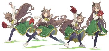 Rule 34 | 1girl, animal ears, ball, baseball, baseball (object), baseball glove, black thighhighs, blush, bow, braid, breasts, brown corset, brown eyes, brown hair, brown sailor collar, corset, double-parted bangs, ear ornament, green skirt, hair between eyes, highres, horse ears, horse girl, long hair, long sleeves, multicolored hair, nishiki kazue, open mouth, parted lips, pitching, sailor collar, satono diamond (umamusume), shirt, skirt, standing, standing on one leg, streaked hair, tail, teeth, thighhighs, umamusume, very long hair, white shirt, yellow bow